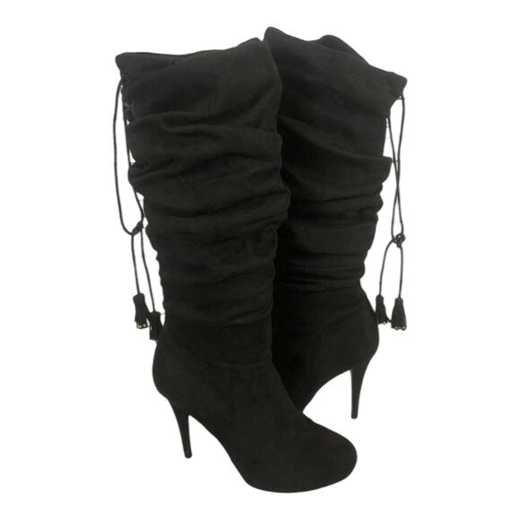 Thalia Sodi Brisaf Fabric knee high Slouchy Heel boots with tassels black size 9 - Picture 1 of 11